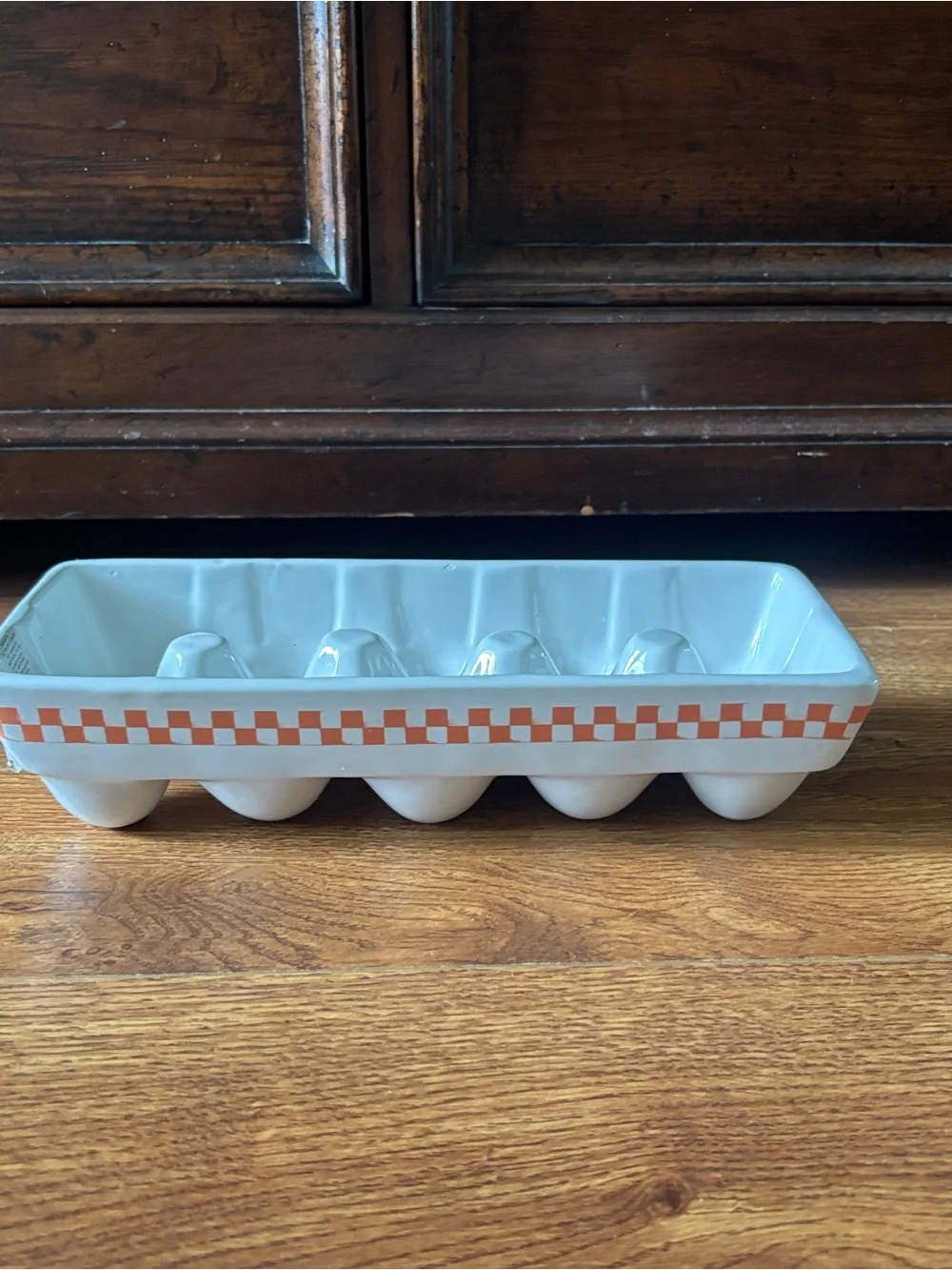 Ceramic Egg Holder Tray with Orange Check Stripe